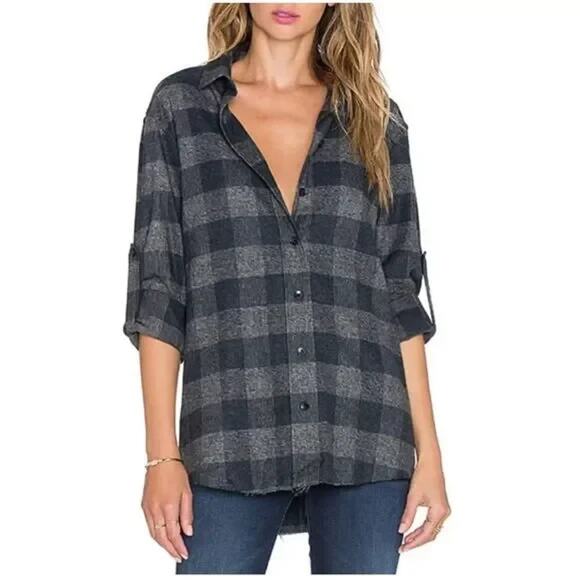 IRO Jeans Shirt Button Gray Plaid Donella Raw Hem Cotton Long Sleeve Roll Tab S - Picture 1 of 7